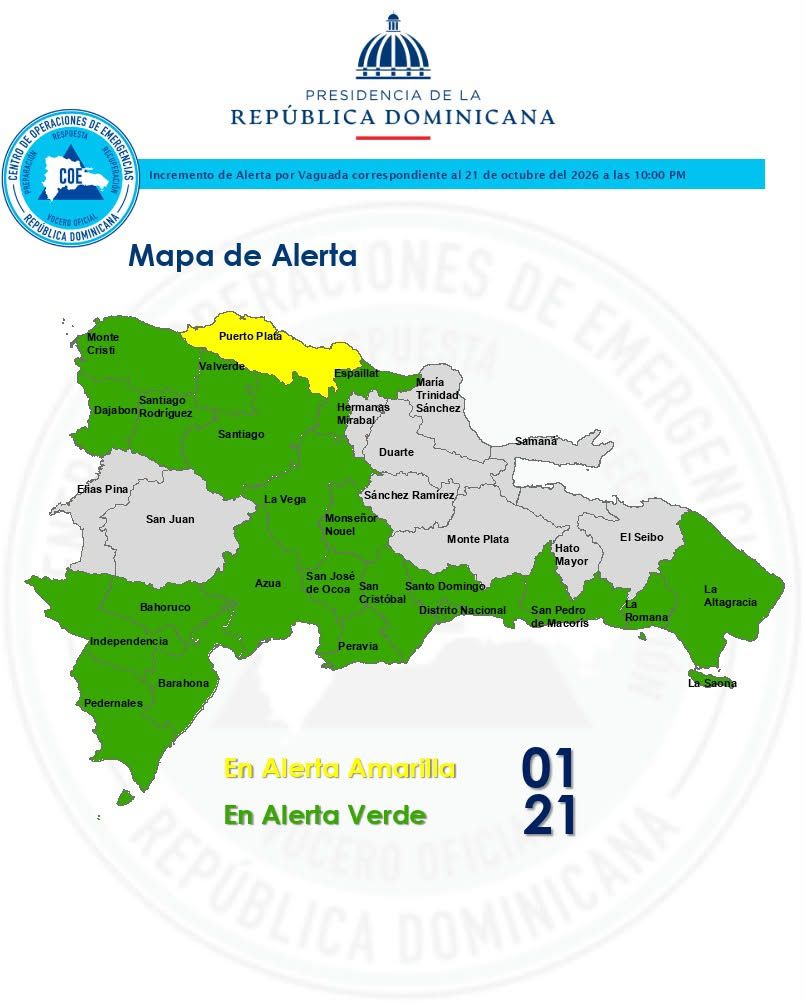 Emergency center raises Puerto Plata to yellow alert, keeps 21 provinces green as trough brings heavy rain to the Dominican Republic