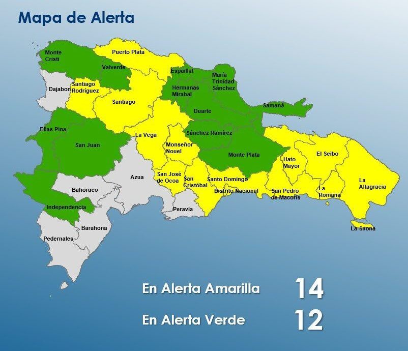 República Dominicana: el COE mantiene 16 demarcaciones en alerta por la vaguada, ocho en amarillo y ocho en verde